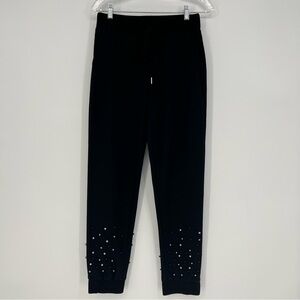 Vocal Womens Pants Black Knit Embellished with Pearl Beads Stretch Pockets NEW